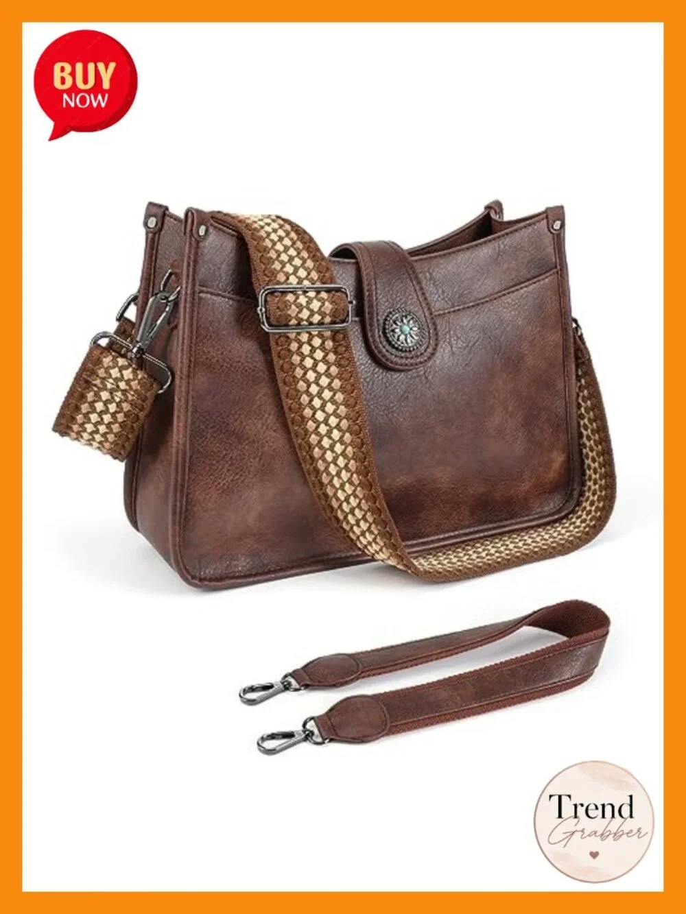 Vegan Leather Hobo Crossbody Bag with 2 Straps